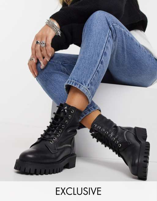 ASRA Exclusive Billie lace-up flat boots with stitch detail in black ...