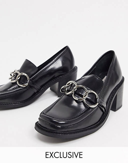 Women ASRA Exclusive Glaze heeled loafers with metal trim in black leather 