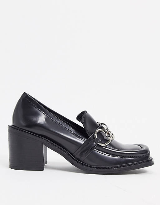 Women ASRA Exclusive Glaze heeled loafers with metal trim in black leather 