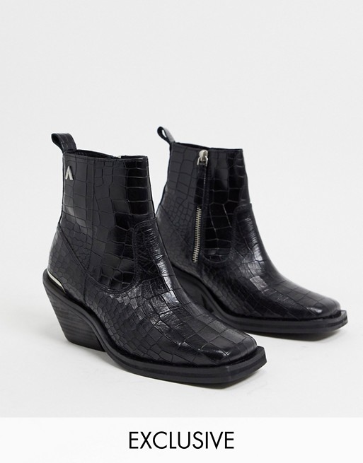 ASRA Exclusive Maverick square toe ankle boots in mock croc leather