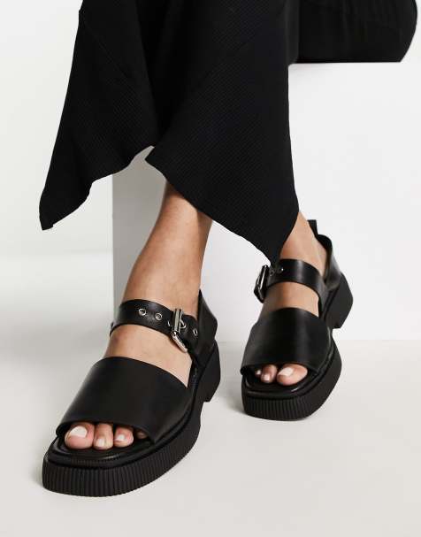 ASRA Exclusive Samba flat sandals with buckle strap in black leather - view 1