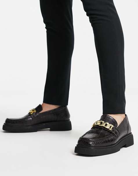 ASRA - Farley - Loafers met vierkante neus en ketting van gepoetst leer met croc-effect in bruin - view 1