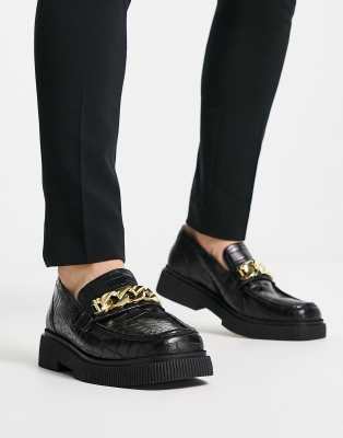 ASRA FARLEY SQUARE TOE CHAIN LOAFERS IN BROWN CROC POLISHED LEATHER-BLACK