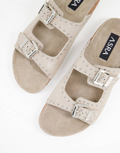Asra frank pin studded two strap sandals in taupe suede