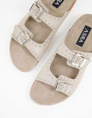 ASRA - Frank - Sandales cloutées en daim à deux brides - Taupe