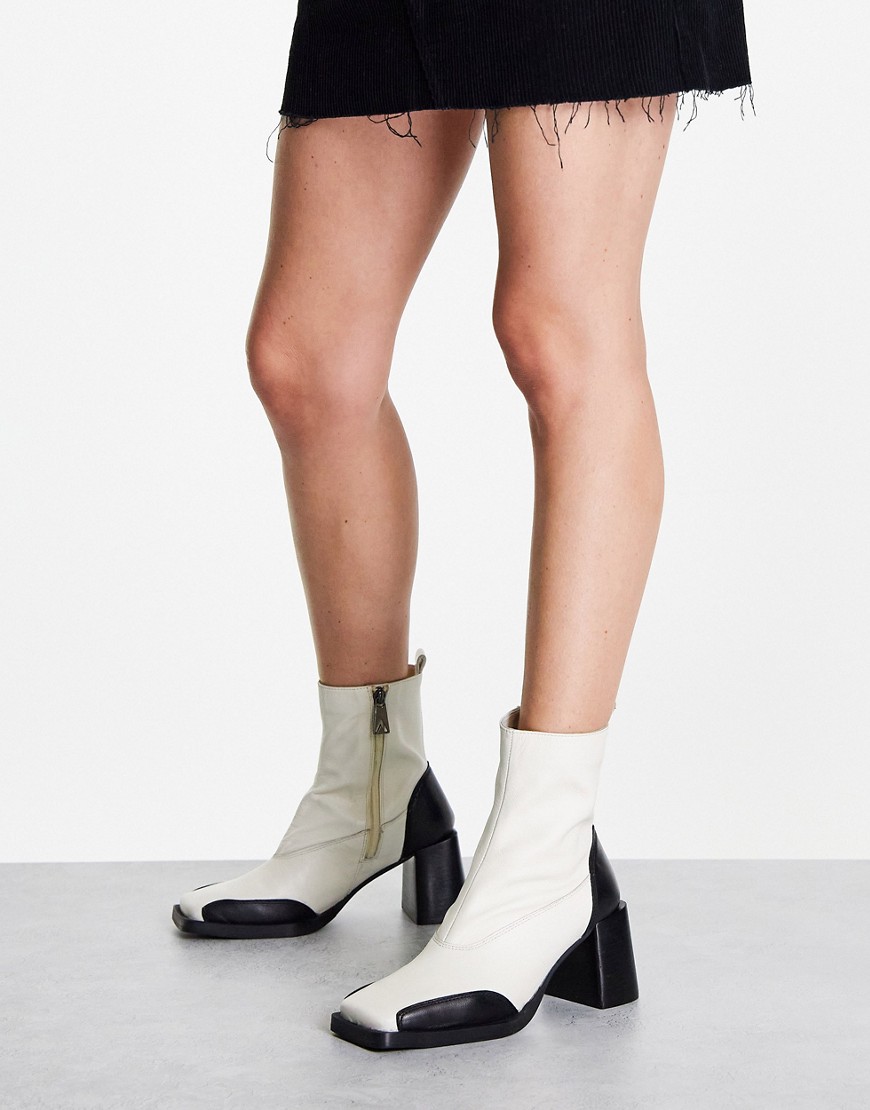 ASRA Harper mid heel monochrome ankle boots in ecru and black-White