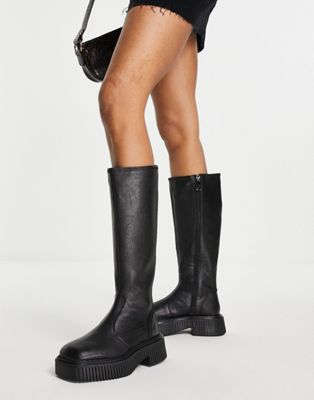 Asra Knightly Knee Boots In Black Grainy Leather | ModeSens