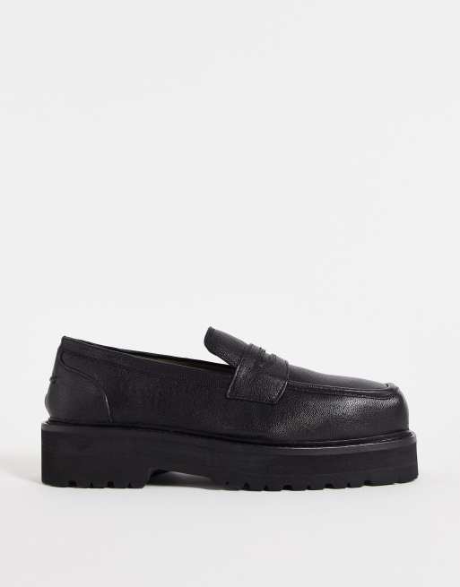 Asra - Leren loafers met vierkante neus en dikke zool in zwart