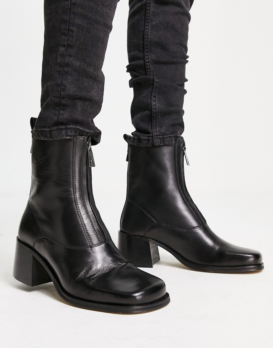 ASRA Monty zip front heeled boots in black leather