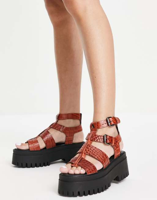 ASRA - Phoenix - Leren sandalen met dikke zool en krokodillenmotief in rood