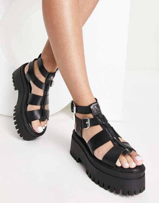 ASRA - Phoenix - Leren sandalen met dikke zool in zwart