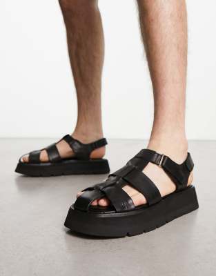 Asra Sandy Chunky Fisherman Sandals In Black Leather