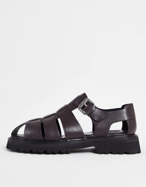 Asra - Sango - Geweven sandalen met dikke zool in bruin leer 
