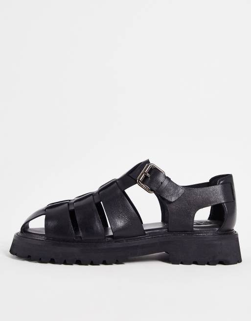 Asra - Sango - Geweven sandalen met dikke zool in zwart leer 