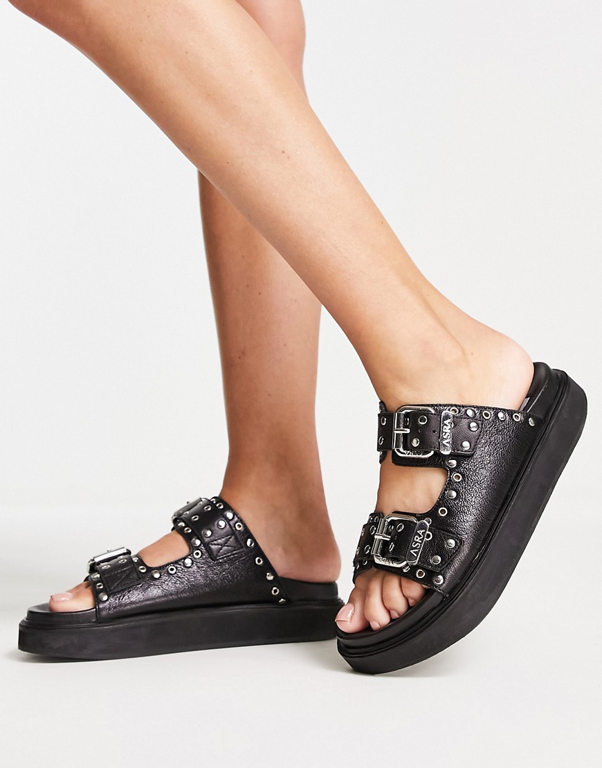 ASRA Siana leather slide sandals with studs in black