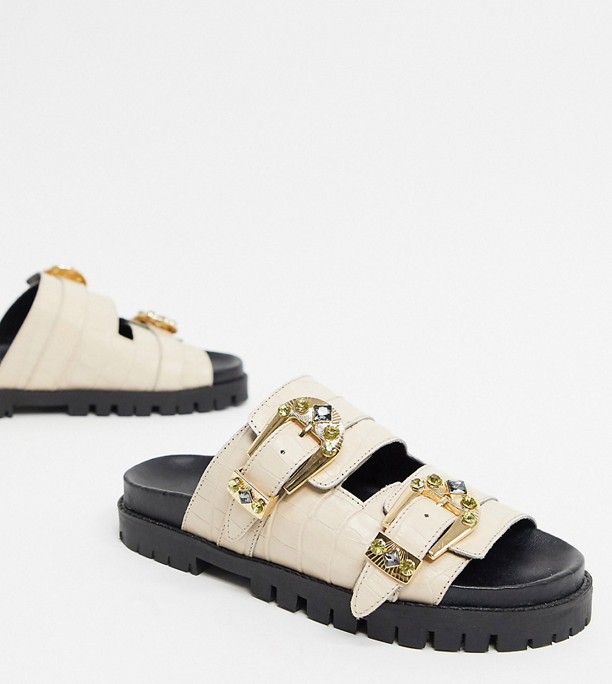 ASRA - Sierra - Exclusieve leren sandalen met voetbed, versiering en krokodillenmotief-Beige