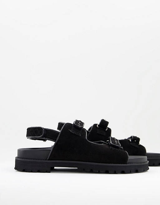 Asra solo pinstuds and quilting strap sandals in black suede