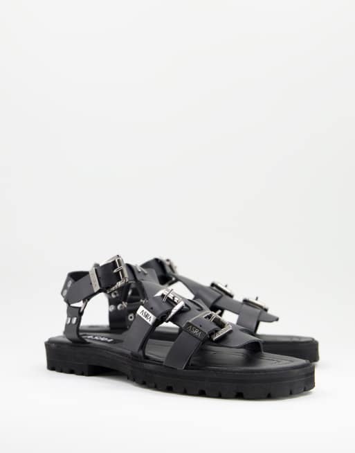 Asra spector sandals with silver buckles in black