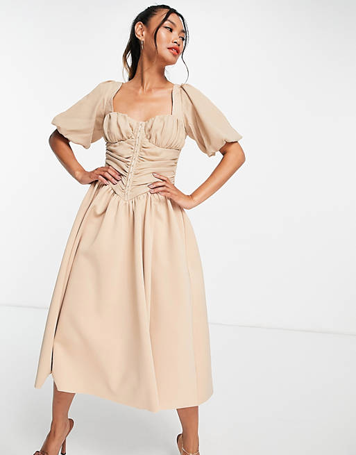  ASSO DESIGN ruched linen corset waist puff sleeve midi dress in stone 