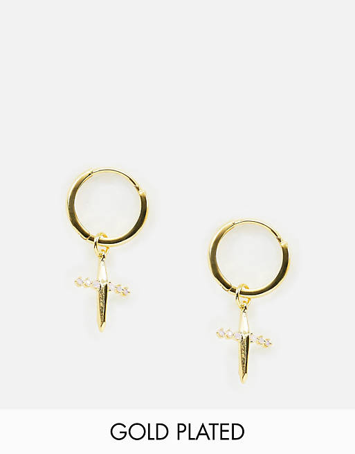 Astrid & Miyu 18k gold plated cross drop hoop earrings | ASOS
