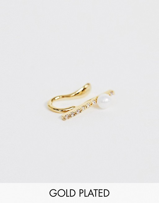Astrid & Miyu 18K gold plated pave ear cuff with pearl