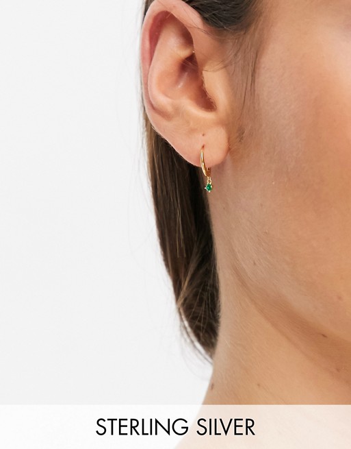 Astrid & Miyu Exclusive mystic drop gem hoops in sterling silver gold plate and emerald crystal