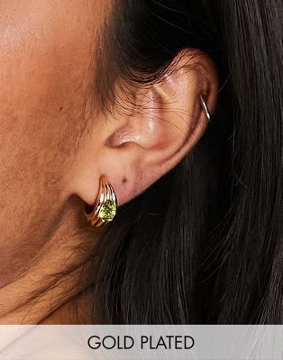 Astrid & Miyu wave stone huggie hoop earrings with semi precious green stone in gold