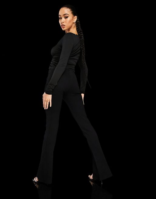ASYOU 90s high waist split hem flare pants in black, 2 of 4