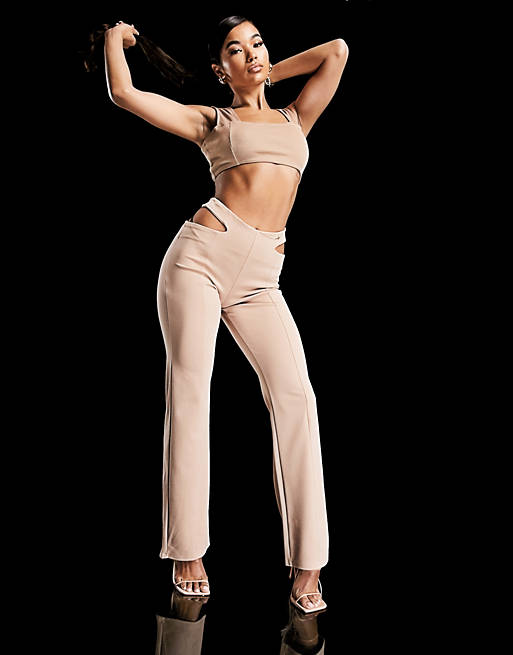 ASYOU 90's high waisted cut out kick flare trouser in mocha