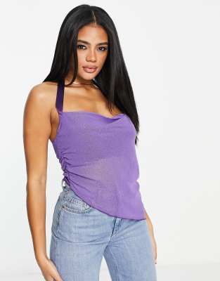 asymmetric glitter mesh halter neck top in purple