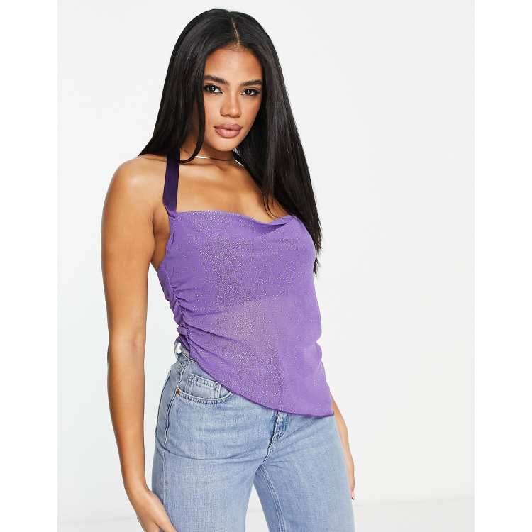 ASYOU asymmetric glitter mesh halter neck top in purple | ASOS