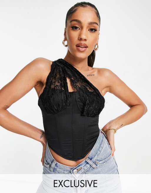 ASYOU asymmetric cut out lace top in black