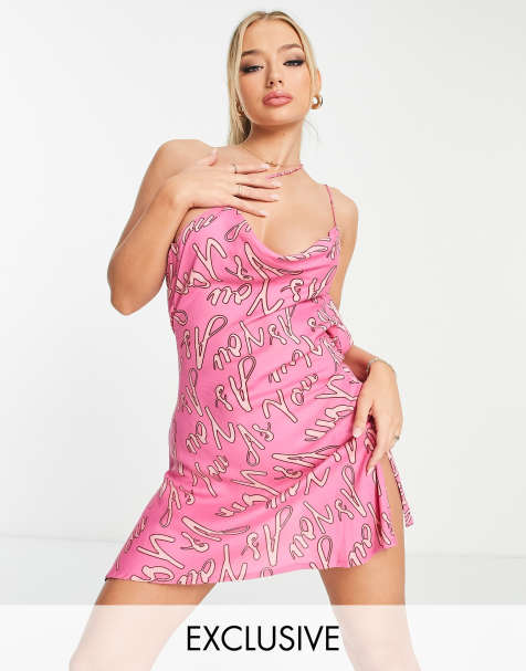 ASYOU asymmetric monogram cowl neck cami dress in pink - view 1