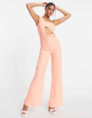 Asyou Asymmetric Wide Leg Jumpsuit In Coral-orange