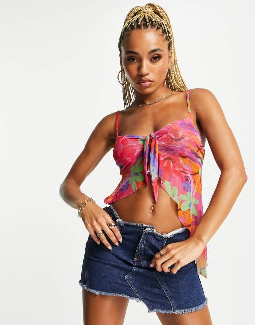 ASYOU – Asymmetrisches Netzstoff-Camisole mit geknoteter Vorderseite und Blumenmuster