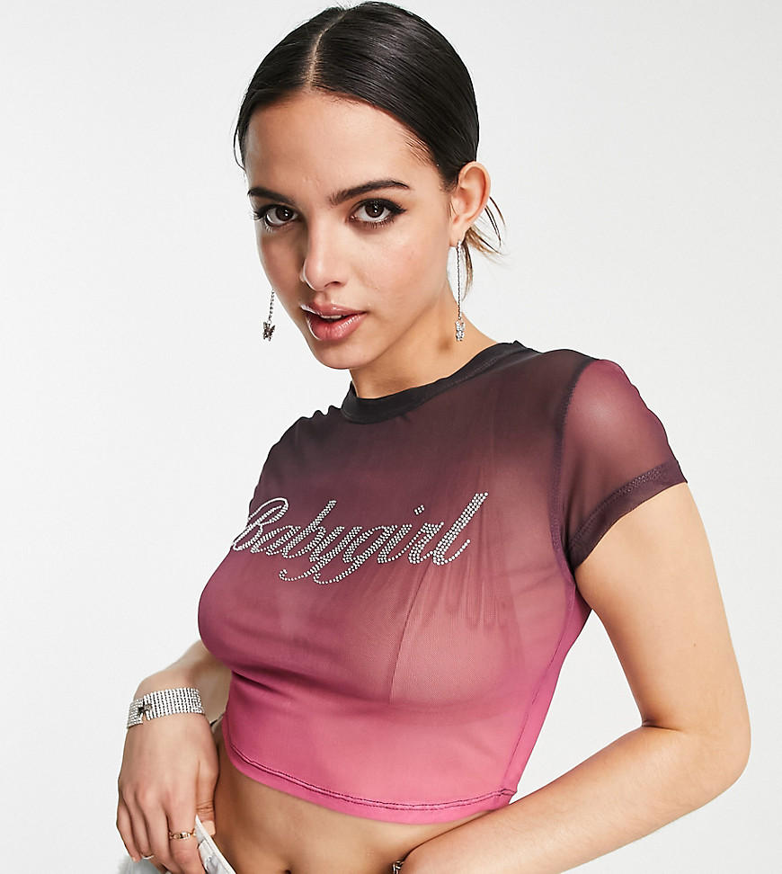 ASYOU babygirl hotfix slogan cropped mesh tee in ombre-Multi