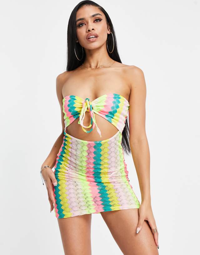 ASYOU bandeau cut out stripe crochet mini dress in multi