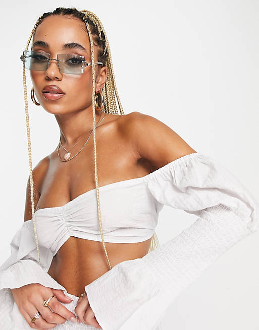 ASYOU bardot puff long sleeve crop top in white (part of a set)