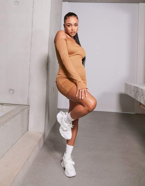 ASYOU bardot rib dress with underboob detail in camel - view 1