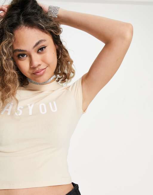 ASYOU branded 90s fitted cropped t-shirt in stone, 3 of 4