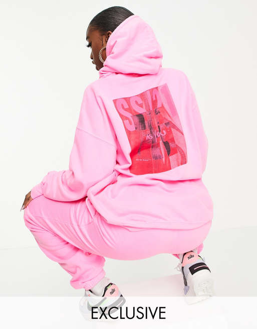 ASYOU branded set hoodie with graphic in neon pink