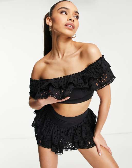 ASYOU broderie frill detail bardot top in black part of a set ASOS