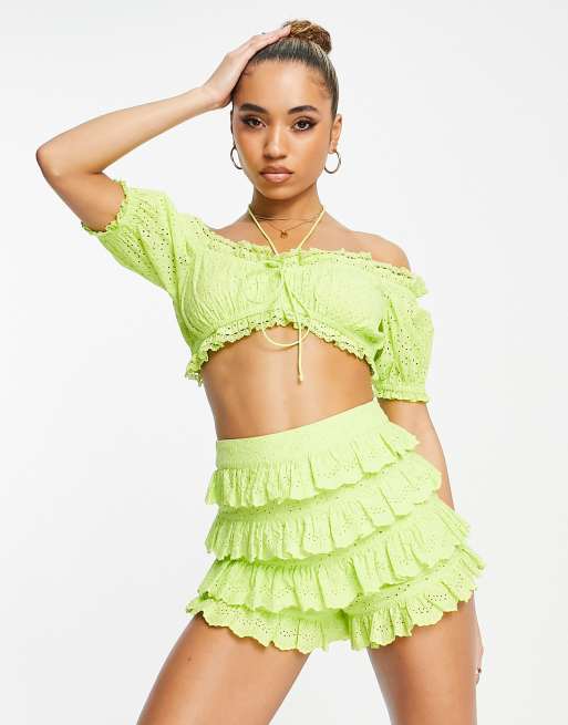 ASYOU broderie tiered shorts in lime (part of a set), 4 of 4