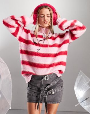 ASYOU brushed striped knitted jumper in pink