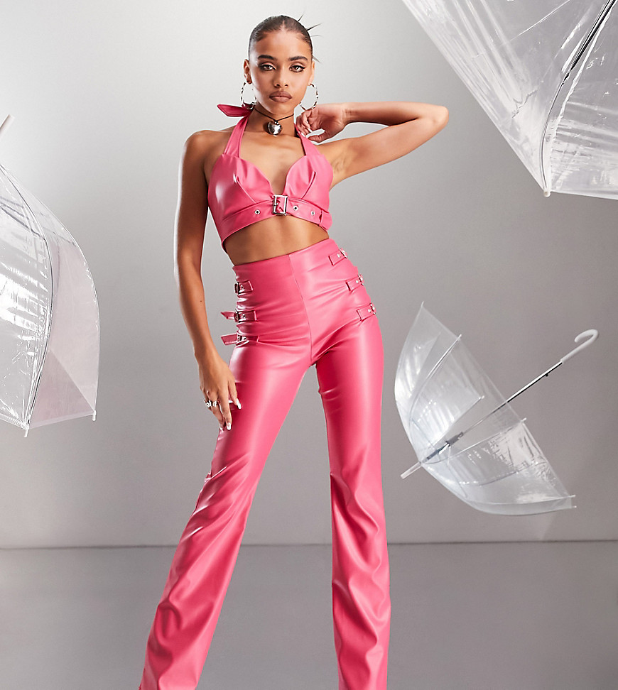 ASYOU buckle detail PU flare pants in pink - part of a set