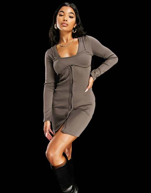 ASYOU button through cardigan dress with bra overlay in grey