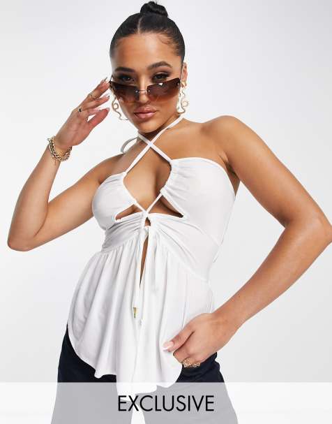 ASYOU - Cami top met halternek en uitlopende zoom in wit - view 1