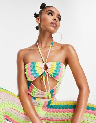 ASYOU ruched halter neck cut out stripe crochet cami top co-ord in multi - ASOS Price Checker