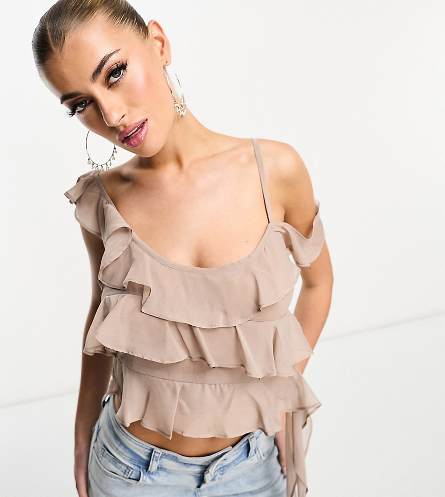 ASYOU chiffon assymetric frilly top in stone-Neutral