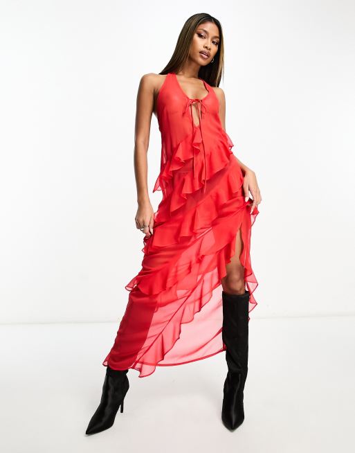 ASOS DESIGN burnout ruffle strap maxi dress in bright red